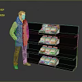 Black Multi tiered Storage Shelf With Various Packaged Items And Man Standing Next To