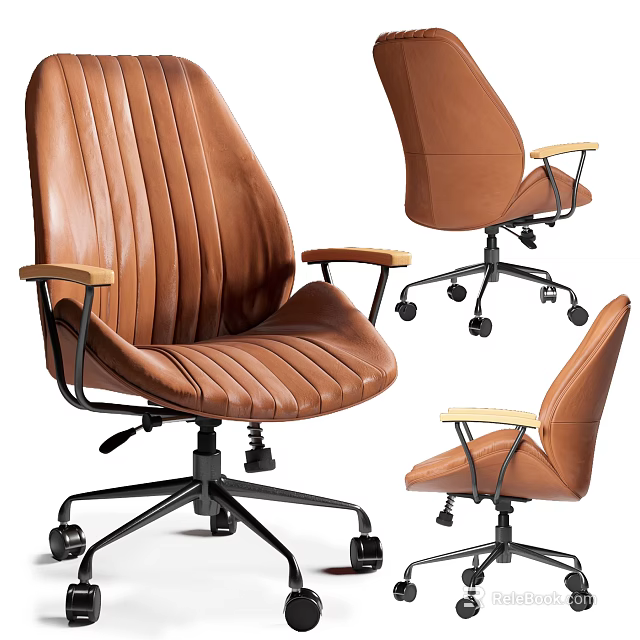 Brown Leather Ergonomic Office Chair With Wooden Armrests And Swivel Wheels 3d model 