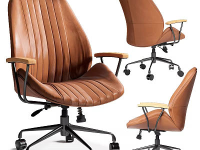 Brown Leather Ergonomic Office Chair With Wooden Armrests And Swivel Wheels 3d model
