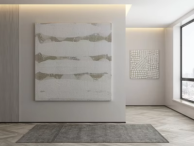 Minimalist Modern Interior With Large Abstract Painting Small Artwork And Gray Rug 3d model