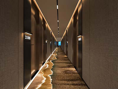 Modern Hotel Corridor Design With Recessed Lighting Room Number Plates And Textured Walls 3d model