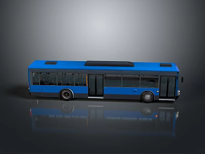 Blue Modern Bus With Black Roof Multiple Doors On Smooth Surface Reflection 3d model