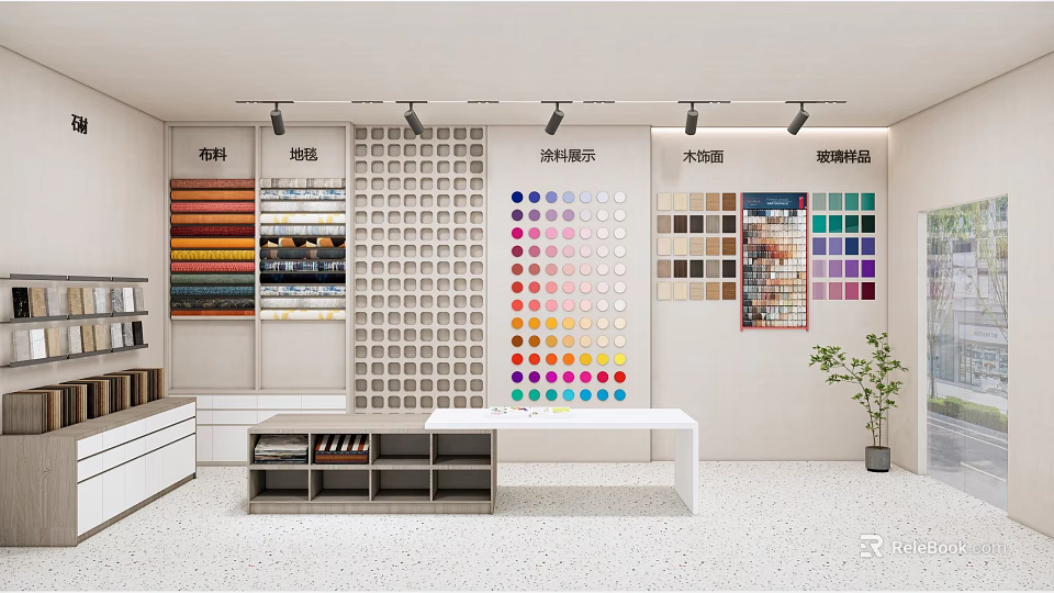 Materials Display Showroom With Wall Mounted Color Charts Floor Wood And Decorative Samples 3d model 