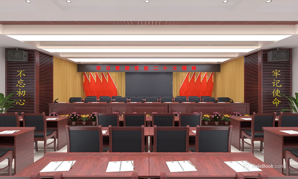 Formal Conference Room Interior With Red Flags Long Wooden Tables And Black Chairs 3d model 