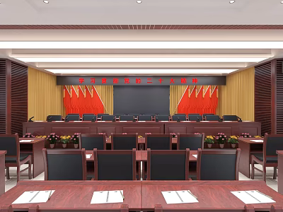 Formal Conference Room Interior With Red Flags Long Wooden Tables And Black Chairs 3d model
