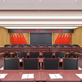 Formal Conference Room Interior With Red Flags Long Wooden Tables And Black Chairs