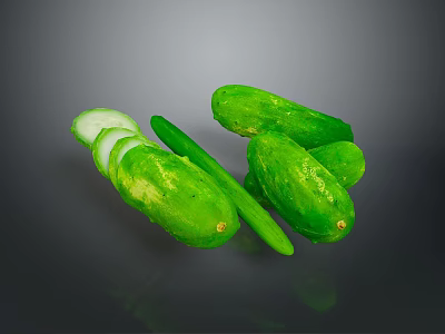 Fresh Green Cucumbers With Sliced Pieces On Dark Background 3d model