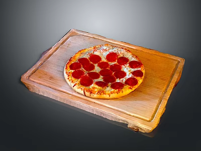 Fresh Pepperoni Pizza Placed on Natural Wooden Cutting Board with Melted Cheese 3d model
