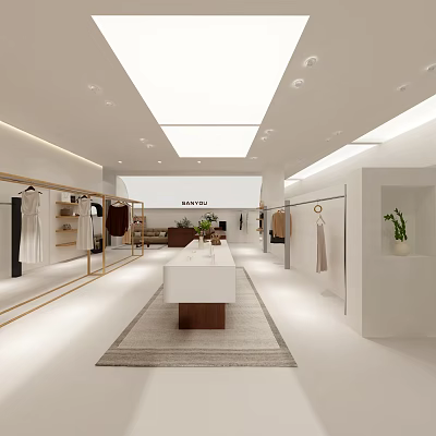 Modern Minimalist Clothing Store Interior Design With Bright Lighting Clothing Racks And Display Counter 3d model