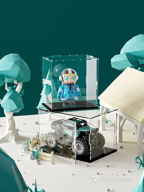 Blue Doll In Transparent Display Case With Scenery And Toy Car 3d model 