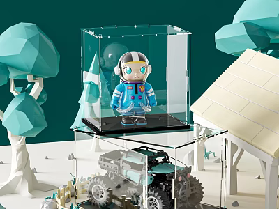 Blue Doll In Transparent Display Case With Scenery And Toy Car 3d model