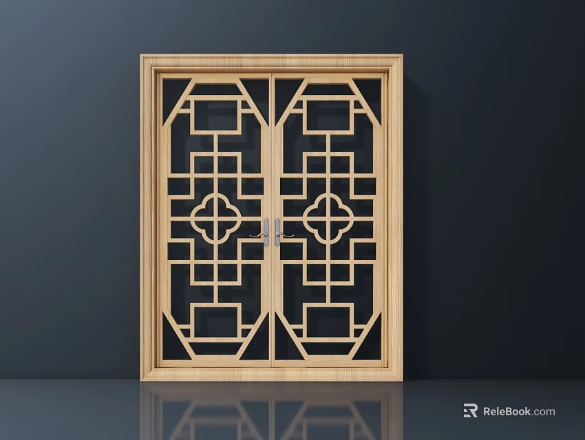 Wooden Casement Window With Traditional Lattice Design And Black Glass Panels 3d model 