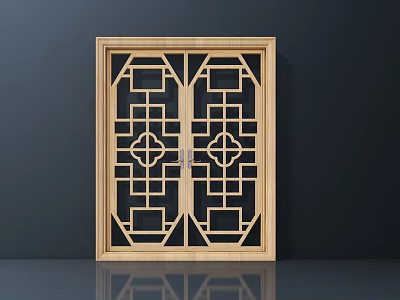 Wooden Casement Window With Traditional Lattice Design And Black Glass Panels 3d model