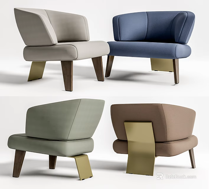 Modern Single Sofa Upholstered In Light Gray Blue Green Brown With Gold Wooden Legs 3d model 
