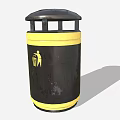Black And Yellow Public Trash Bin With Lid And Side Icon Design
