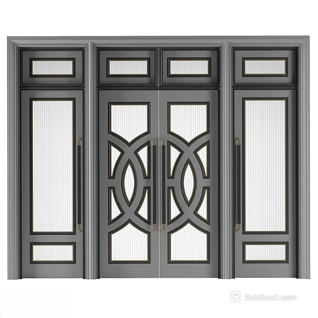 Double Entry Doors With Metal Frame Glass Panels And Geometric Patterns 3d model 