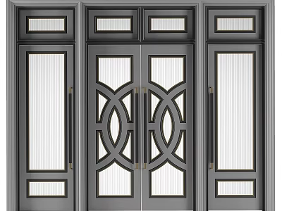 Double Entry Doors With Metal Frame Glass Panels And Geometric Patterns 3d model