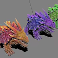 Colorful Spiked Creatures 3D Models Featuring Red Purple Green with Sharp Teeth