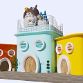Colorful Commercial Equipment Small Buildings With Round Windows Arched Doors Cartoon Decoration And Small Plants