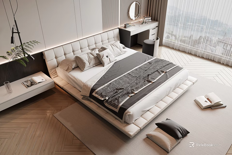 Modern Double Bed with Upholstered Headboard Pillows Blanket on Wooden Floor Nightstand Curtains Natural Light 3d model 