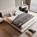 Modern Double Bed with Upholstered Headboard Pillows Blanket on Wooden Floor Nightstand Curtains Natural Light