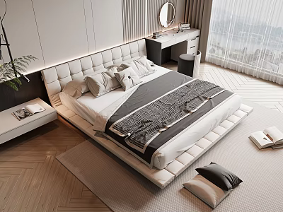 Modern Double Bed with Upholstered Headboard Pillows Blanket on Wooden Floor Nightstand Curtains Natural Light 3d model