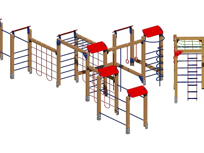 Wooden Playground Climbing Equipment with Ladders Ropes and Red Tops 3d model