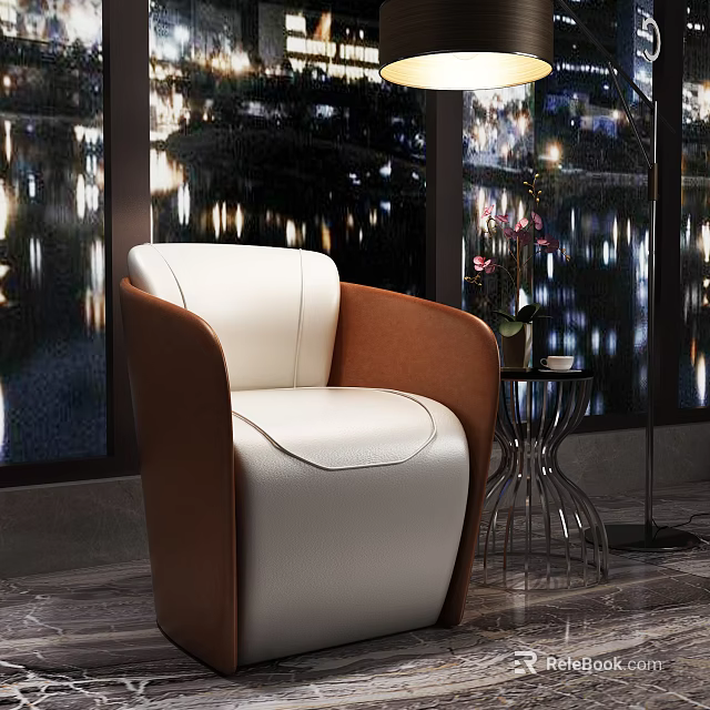White And Brown Leather Single Sofa By Large Window With Night View And Side Table 3d model