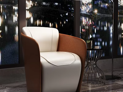 White And Brown Leather Single Sofa By Large Window With Night View And Side Table 3d model