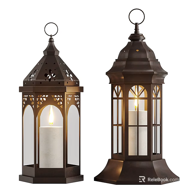 Vintage Style Candle Lanterns With Metal Frame Glass Panels And Intricate Cutouts Design 3d model 