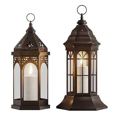 Vintage Style Candle Lanterns With Metal Frame Glass Panels And Intricate Cutouts Design 3d model