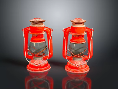 Vintage Furniture Table With Two Red Kerosene Lamps On Black Reflective Surface 3d model