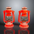 Vintage Furniture Table With Two Red Kerosene Lamps On Black Reflective Surface