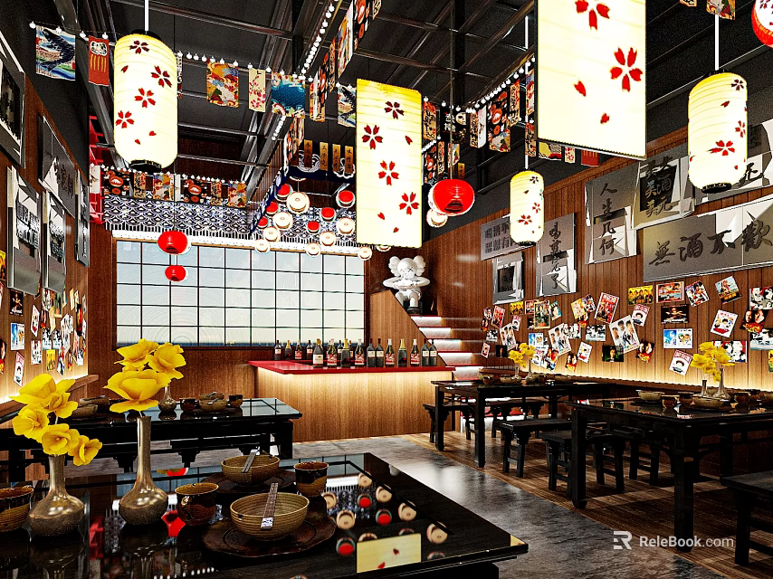 Authentic Japanese Restaurant Interior With Wooden Sushi Bar Dining Tables Lanterns And Flower Decorations 3d model 