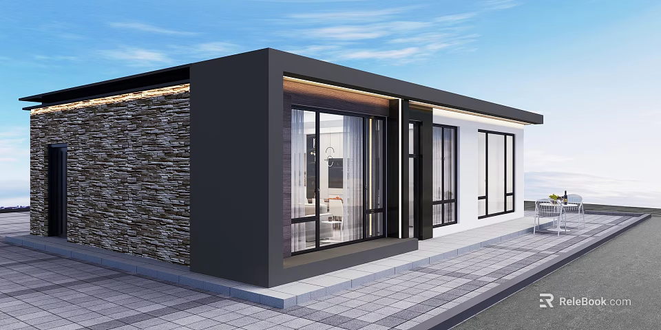 Modern Single Family House With Black Exterior Stone Wall Large Glass Windows And Open Terrace 3d model 