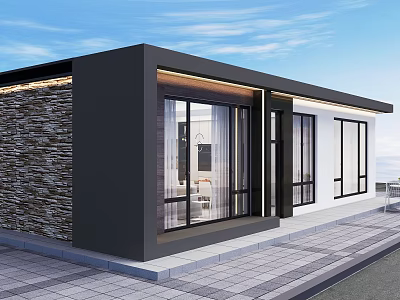 Modern Single Family House With Black Exterior Stone Wall Large Glass Windows And Open Terrace 3d model
