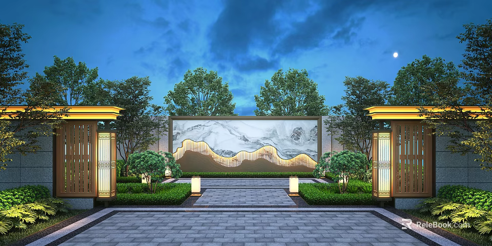 Chinese Style Courtyard Garden with Mountain Water Pattern Backdrop Lush Trees and Stone Paved Path 3d model