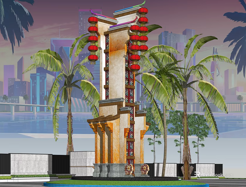 Traditional Style Signage With Red Lanterns Palm Trees And Urban Skyline Background 3d model 