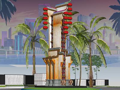 Traditional Style Signage With Red Lanterns Palm Trees And Urban Skyline Background 3d model