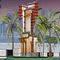 Traditional Style Signage With Red Lanterns Palm Trees And Urban Skyline Background
