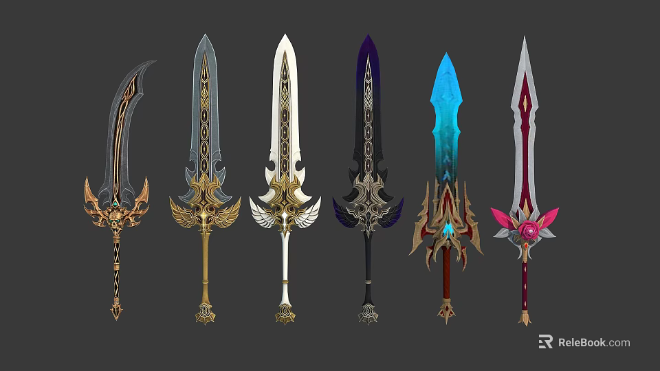 Various Ornate Swords With Intricate Designs Diverse Colors Detailed Hilts Blades And Gemstone Decorations 3d model 