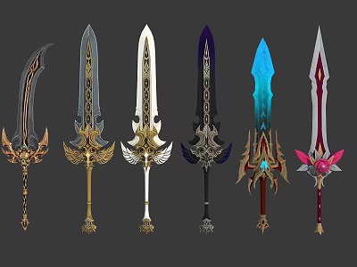 Various Ornate Swords With Intricate Designs Diverse Colors Detailed Hilts Blades And Gemstone Decorations 3d model