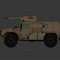 Tan Armored Military Vehicle With Green Windshield And Roof Mounted Equipment