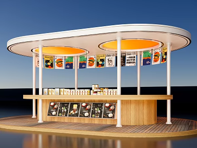 Modern Mall Shop Featuring Curved White Roof Yellow Lights Colorful Posters Wooden Counter And Products 3d model