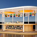 Modern Mall Shop Featuring Curved White Roof Yellow Lights Colorful Posters Wooden Counter And Products