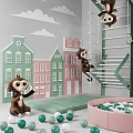 Kids Playground Equipment With Climbing Frame Monkey Dolls Ball Pit Cloud Decorations And Colorful Houses