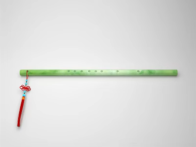 Traditional Handcrafted Green Bamboo Musical Instrument With Red Tassel Blue Knot And Holes 3d model