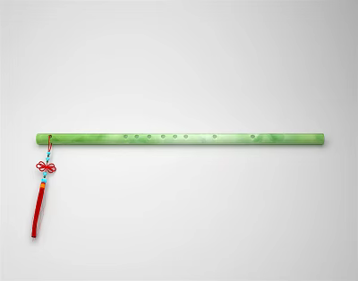 Traditional Handcrafted Green Bamboo Musical Instrument With Red Tassel Blue Knot And Holes 3d model