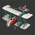 Vintage Biplane Model With Red Fuselage White Wings And Blue Stripes On Gray Background