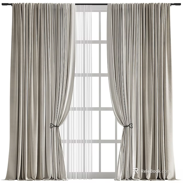 Elegant Light Gray Double Layer Curtains With Sheer Panels Tied Back By Grid Window 3d model